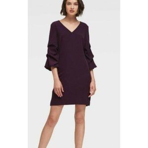 DKNY Aubergine Purple V-Neck Ruched 3/4 Sleeve Shift Dress sz 12 NEW NWT Women's